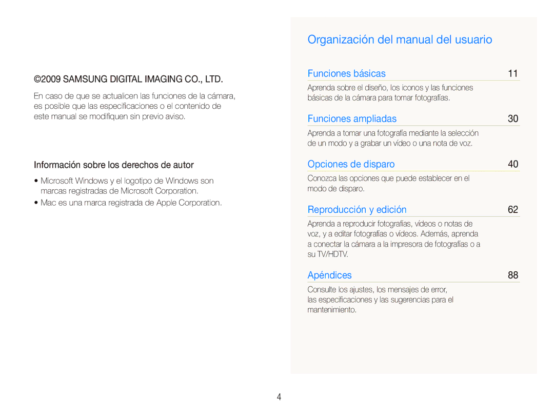 Samsung EC-ST500ZBPRE1 Organización del manual del usuario, Información sobre los derechos de autor, Su TV/HDTV 