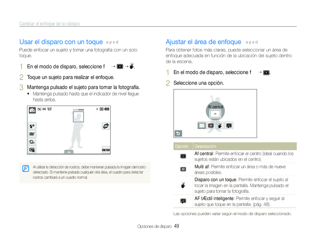 Samsung EC-ST500ZBPUZA, EC-ST500ZBPSE1 manual Usar el disparo con un toque a p s d, Ajustar el área de enfoque a p s d 