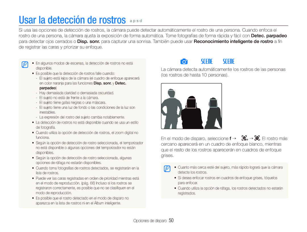 Samsung EC-ST500ZBPSE1, EC-ST500ZBPRE1, EC-ST500ZBPUZA manual Usar la detección de rostros a p s d, Detectar rostros 
