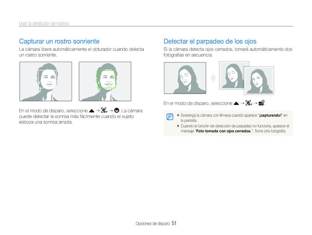 Samsung EC-ST500ZBPSE1 manual Capturar un rostro sonriente, Detectar el parpadeo de los ojos, Usar la detección de rostros 