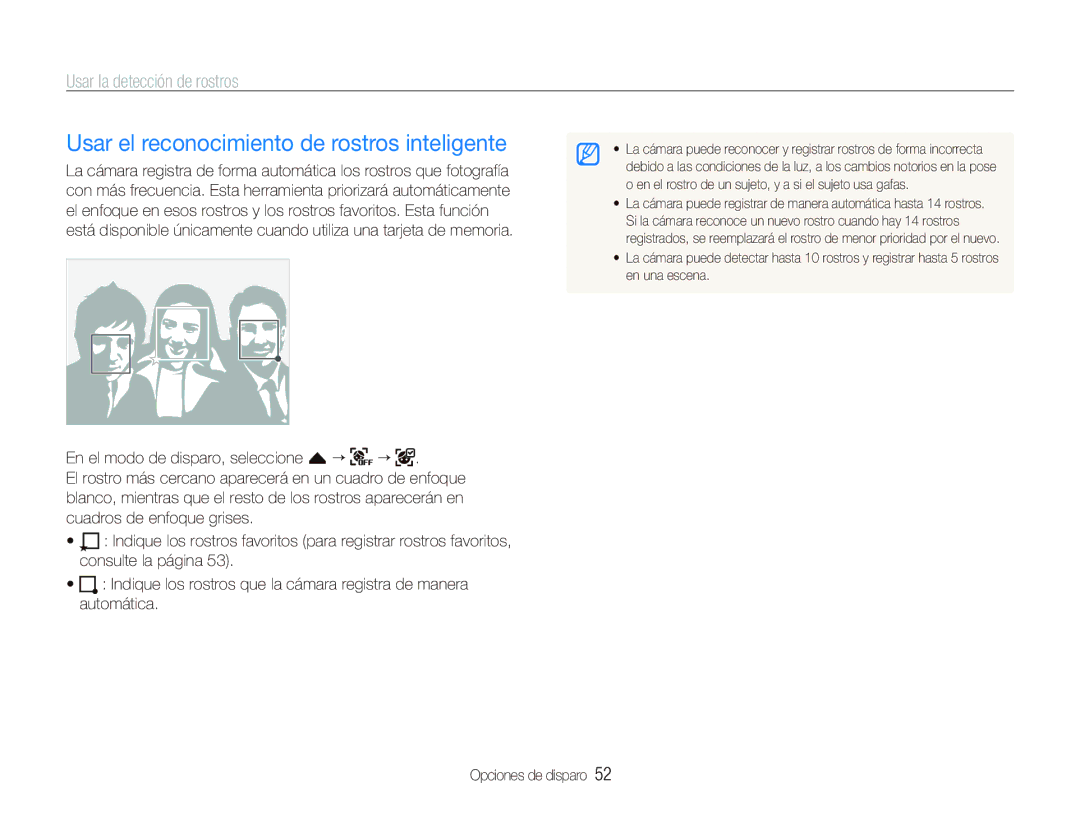 Samsung EC-ST500ZBPRE1, EC-ST500ZBPSE1, EC-ST500ZBPUZA manual Usar el reconocimiento de rostros inteligente 