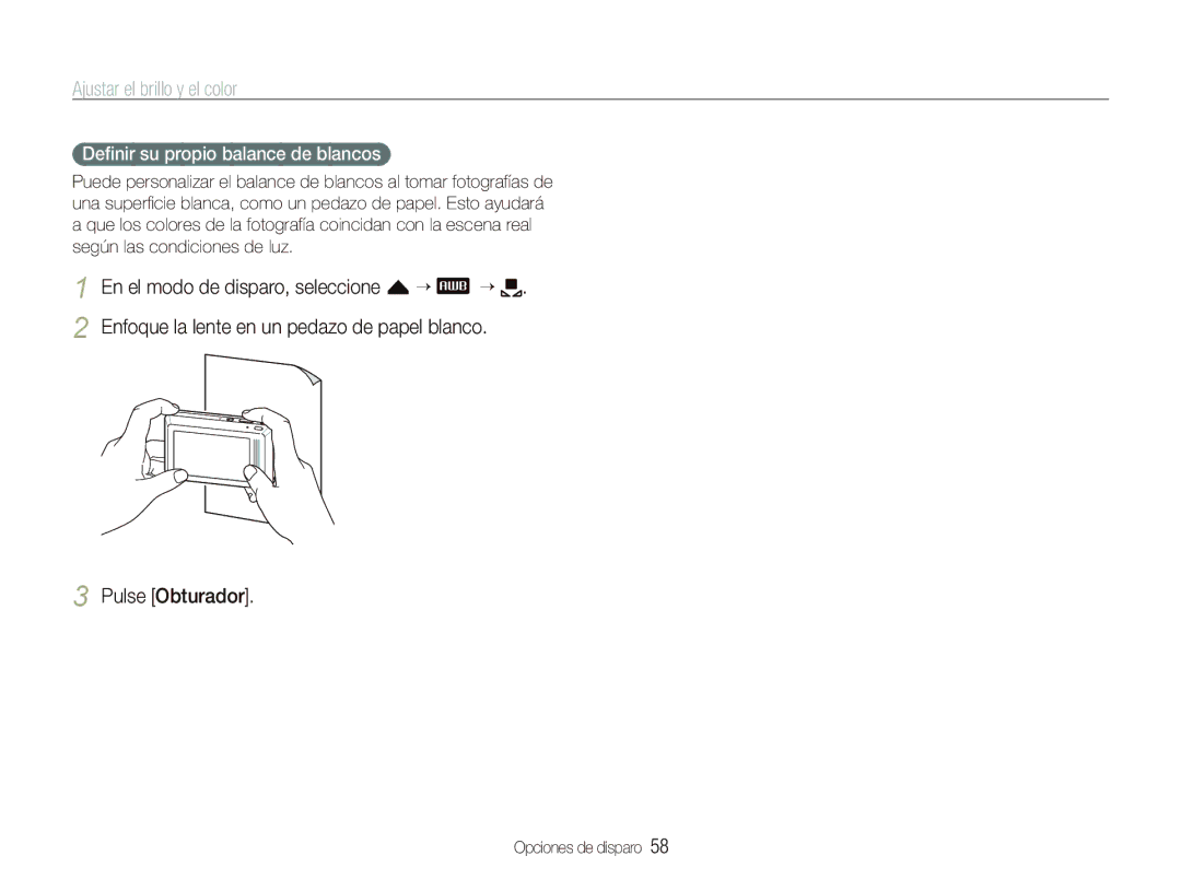 Samsung EC-ST500ZBPSE1, EC-ST500ZBPRE1, EC-ST500ZBPUZA manual Pulse Obturador, Deﬁnir su propio balance de blancos 