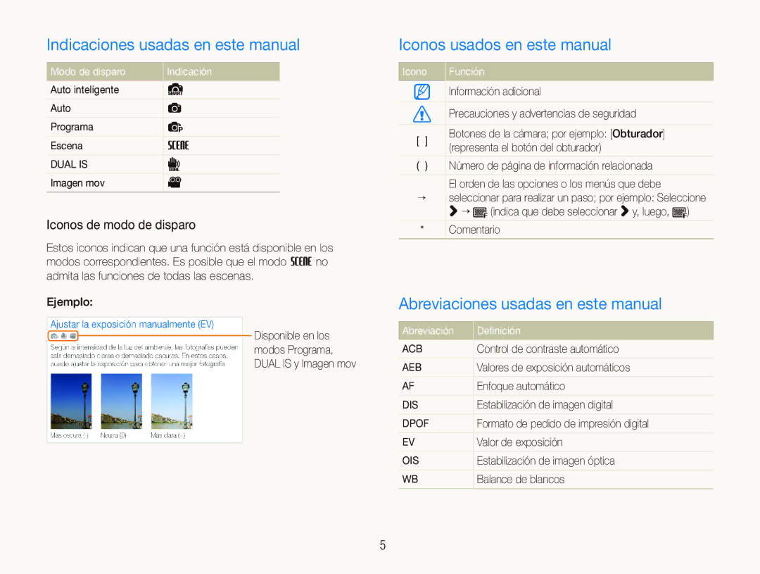 Samsung EC-ST500ZBPUZA Indicaciones usadas en este manual, Iconos usados en este manual, Iconos de modo de disparo 