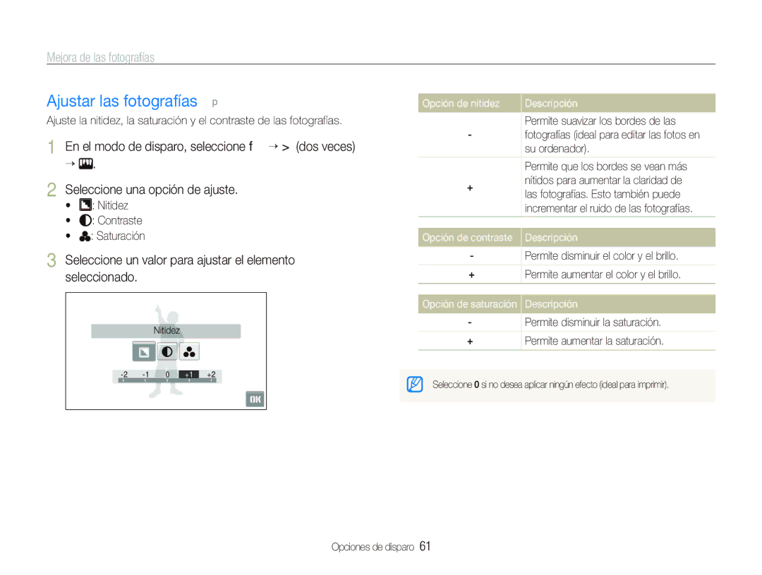 Samsung EC-ST500ZBPUZA, EC-ST500ZBPSE1 manual Ajustar las fotografías p, Mejora de las fotografías, Opción de nitidez 