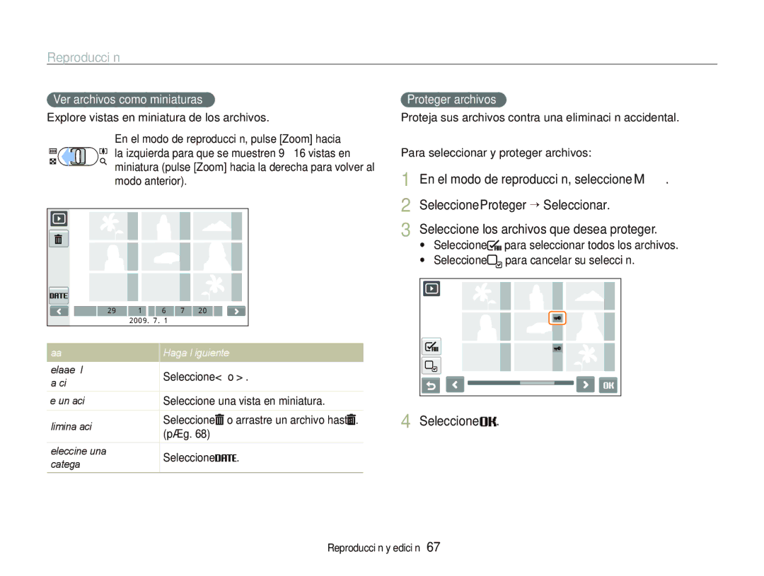 Samsung EC-ST500ZBPSE1, EC-ST500ZBPRE1 manual Ver archivos como miniaturas, Proteger archivos, Para Haga lo siguiente 