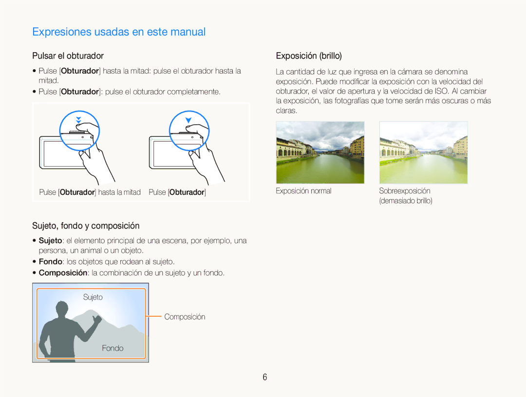 Samsung EC-ST500Z Expresiones usadas en este manual, Pulsar el obturador, Sujeto, fondo y composición, Exposición brillo 