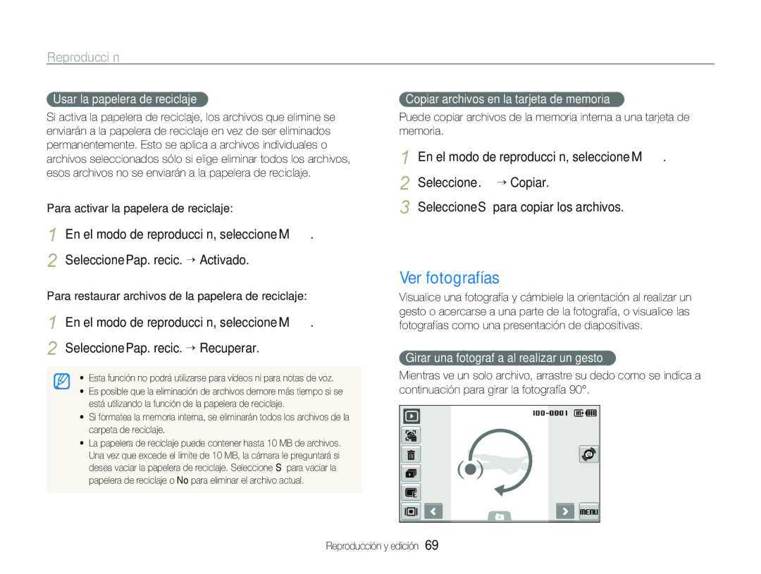 Samsung EC-ST500ZBPUZA manual Ver fotografías, Usar la papelera de reciclaje, Copiar archivos en la tarjeta de memoria 