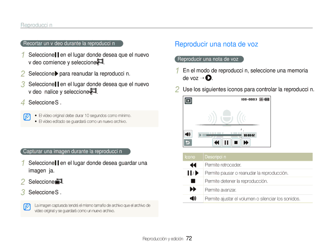 Samsung EC-ST500ZBPRE1 manual Reproducir una nota de voz, Seleccione Sí, Recortar un vídeo durante la reproducción 