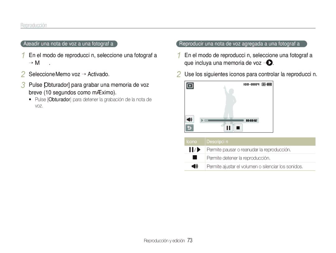 Samsung EC-ST500ZBPUZA manual Añadir una nota de voz a una fotografía, Reproducir una nota de voz agregada a una fotografía 