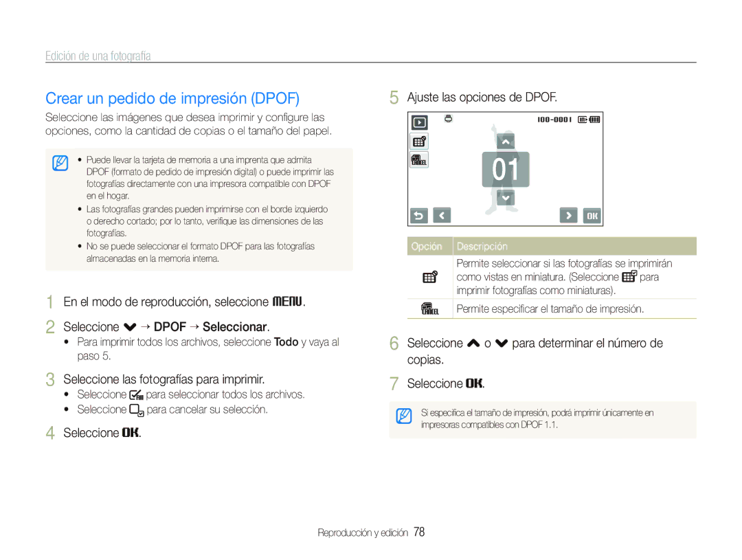 Samsung EC-ST500ZBPSE1, EC-ST500ZBPRE1 manual Crear un pedido de impresión Dpof, Seleccione las fotografías para imprimir 