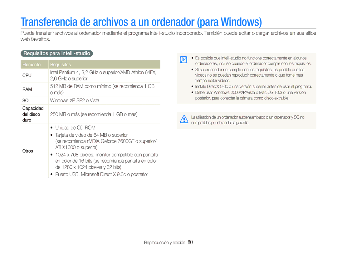 Samsung EC-ST500ZBPRE1 manual Transferencia de archivos a un ordenador para Windows, Requisitos para Intelli-studio 