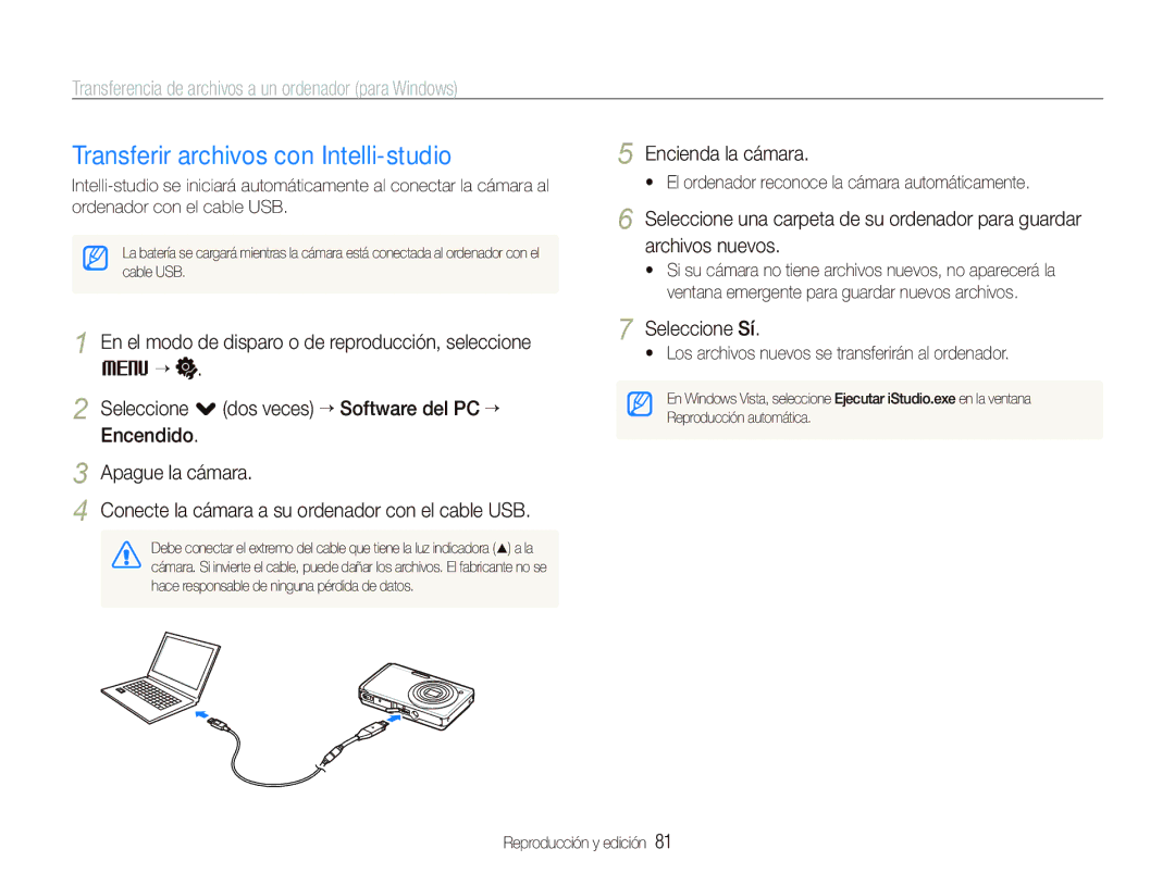 Samsung EC-ST500ZBPUZA manual Transferir archivos con Intelli-studio, Transferencia de archivos a un ordenador para Windows 