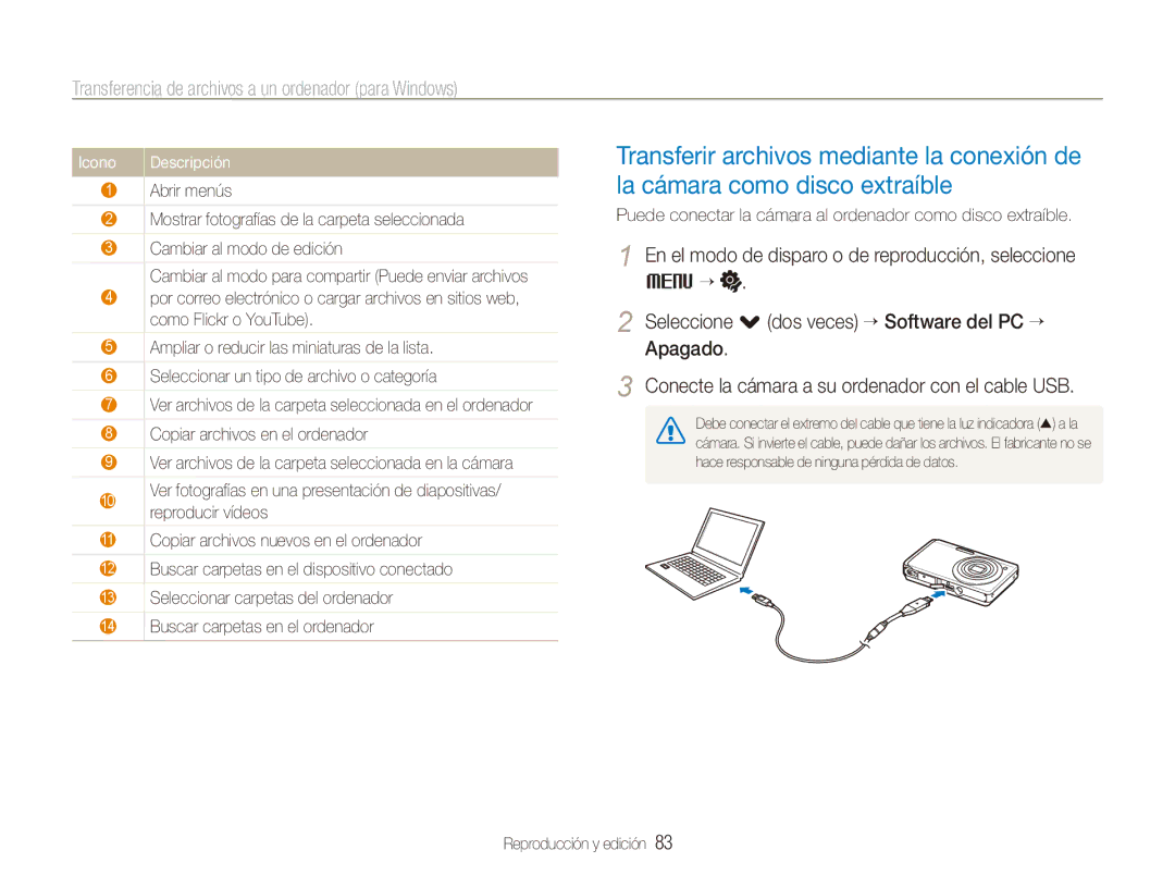 Samsung EC-ST500ZBPSE1, EC-ST500ZBPRE1, EC-ST500ZBPUZA Icono, Puede conectar la cámara al ordenador como disco extraíble 