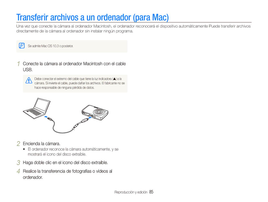 Samsung EC-ST500ZBPUZA, EC-ST500ZBPSE1, EC-ST500ZBPRE1 manual Transferir archivos a un ordenador para Mac 