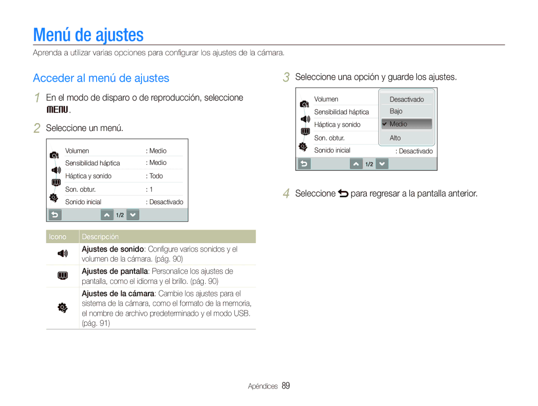 Samsung EC-ST500ZBPUZA Menú de ajustes, Acceder al menú de ajustes, Seleccione una opción y guarde los ajustes, Apéndices 