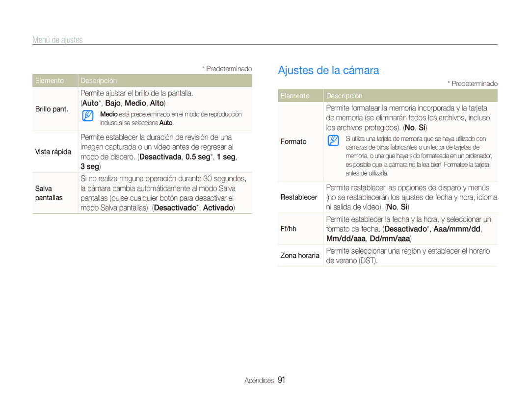 Samsung EC-ST500ZBPSE1, EC-ST500ZBPRE1, EC-ST500ZBPUZA manual Ajustes de la cámara 