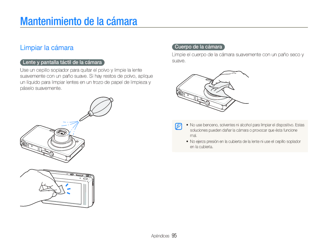 Samsung EC-ST500ZBPSE1, EC-ST500ZBPRE1 Mantenimiento de la cámara, Limpiar la cámara, Lente y pantalla táctil de la cámara 