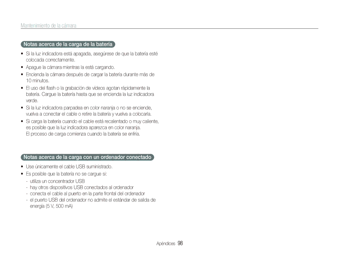 Samsung EC-ST500Z manual Notas acerca de la carga de la batería, Notas acerca de la carga con un ordenador conectado 