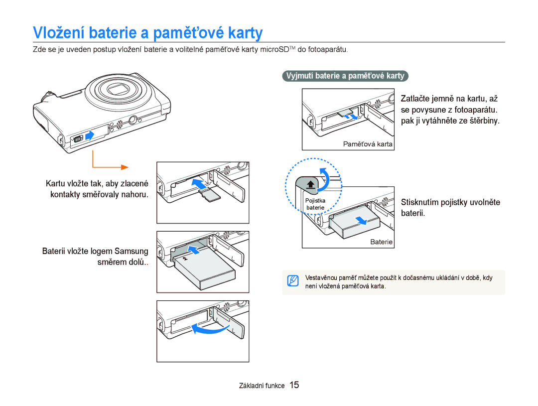 Samsung EC-ST5000BPAE3, EC-ST500ZBPUAU manual Vložení baterie a paměťové karty, Baterii, Vyjmutí baterie a paměťové karty 