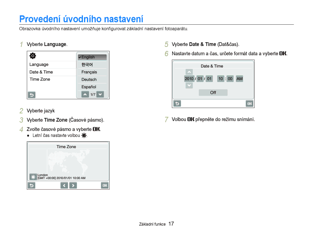 Samsung EC-ST500ZBPUAU, EC-ST500ZBPSAU manual Provedení úvodního nastavení, Vyberte Language, Vyberte Date & Time Dat&čas 
