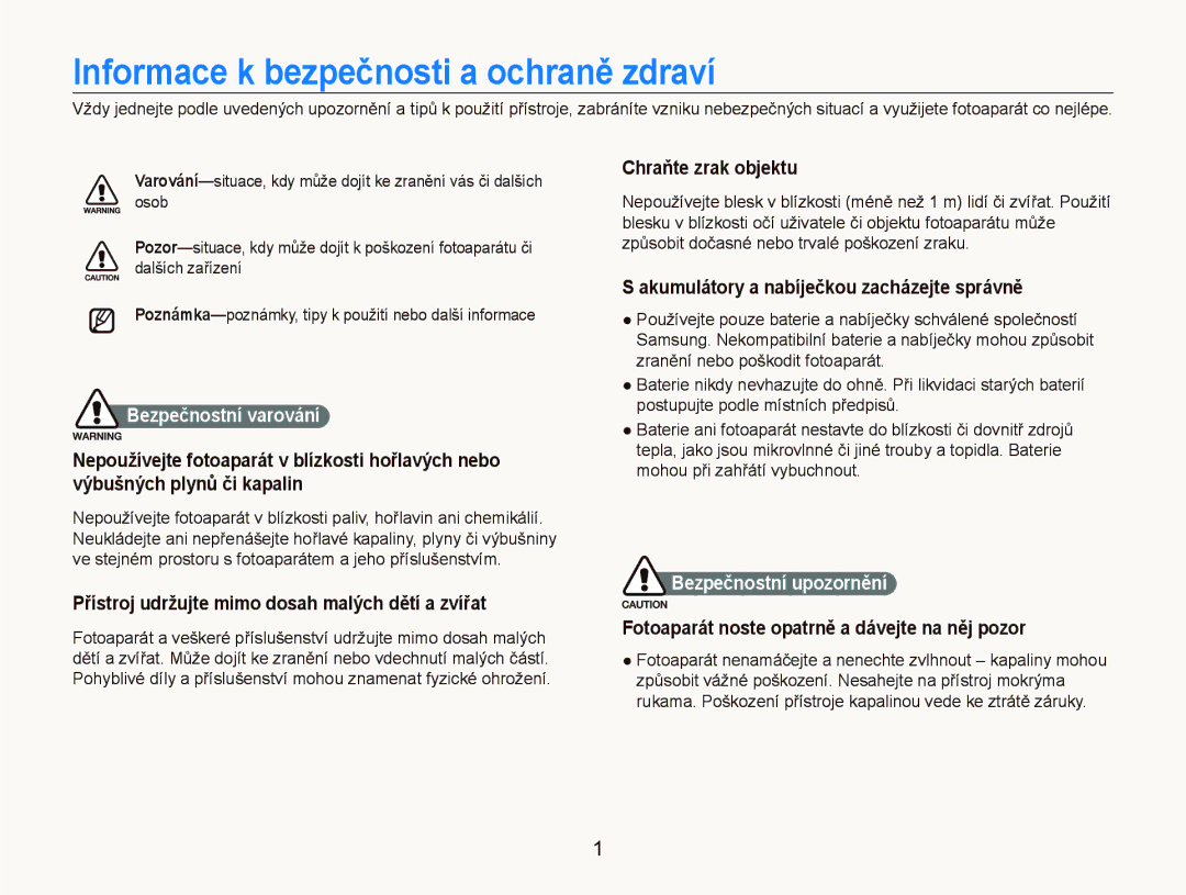 Samsung EC-ST500ZBPRAU manual Informace k bezpečnosti a ochraně zdraví, Přístroj udržujte mimo dosah malých dětí a zvířat 