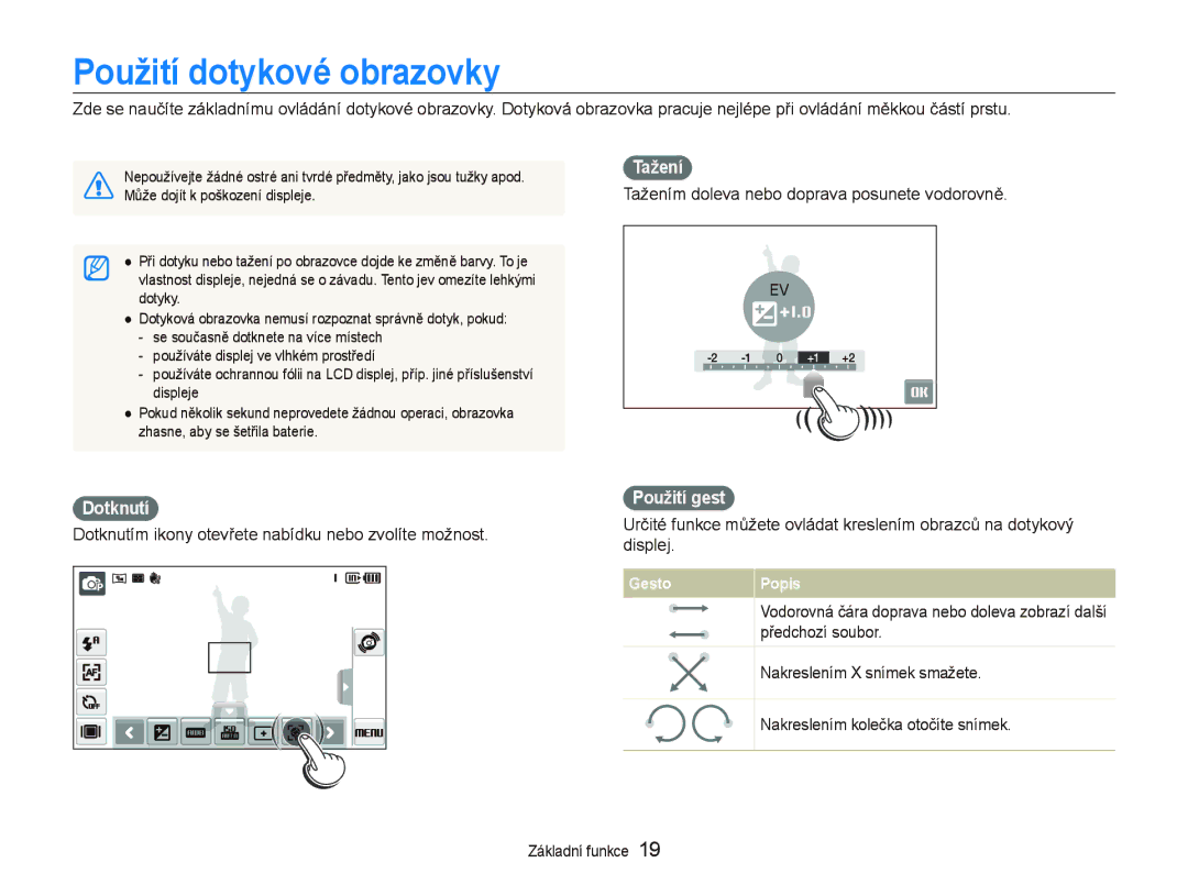 Samsung EC-ST500ZBPRAU, EC-ST500ZBPUAU, EC-ST500ZBPSAU manual Použití dotykové obrazovky, Tažení, Dotknutí, Použití gest 