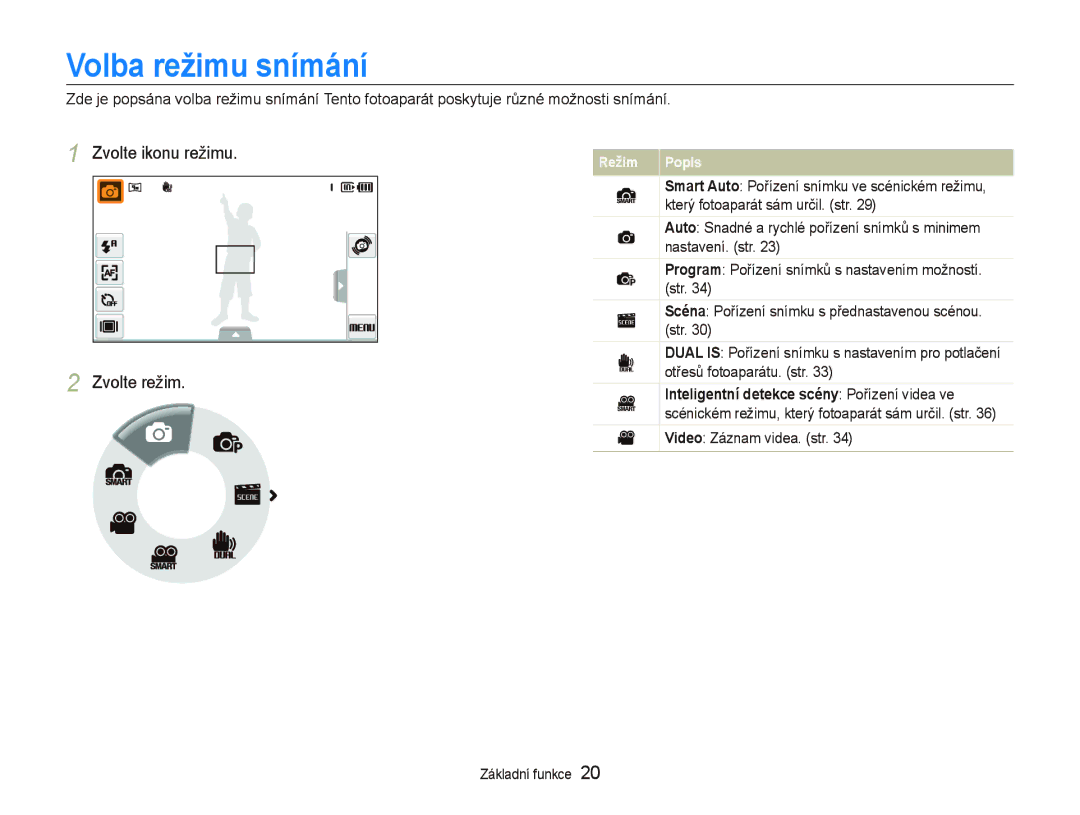 Samsung EC-ST500ZBPRE3, EC-ST500ZBPUAU, EC-ST500ZBPSAU manual Volba režimu snímání, Zvolte ikonu režimu Zvolte režim 