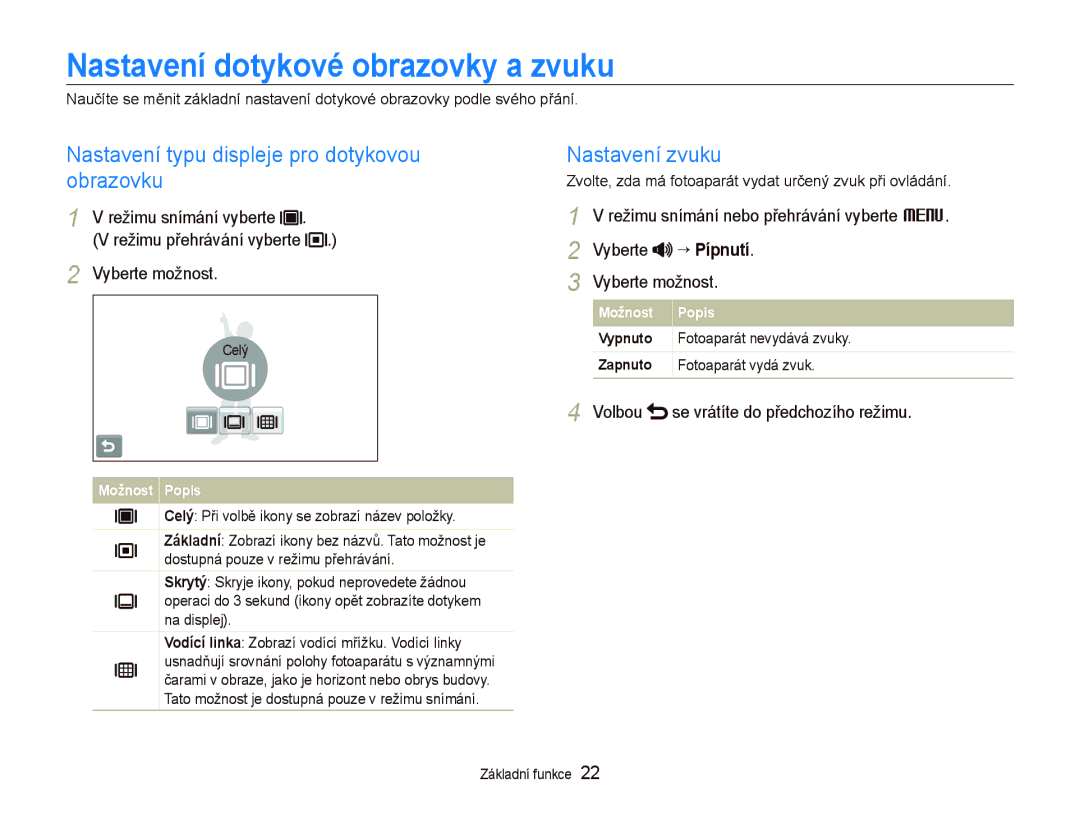 Samsung EC-ST500ZBPUE3 manual Nastavení dotykové obrazovky a zvuku, Nastavení typu displeje pro dotykovou obrazovku 