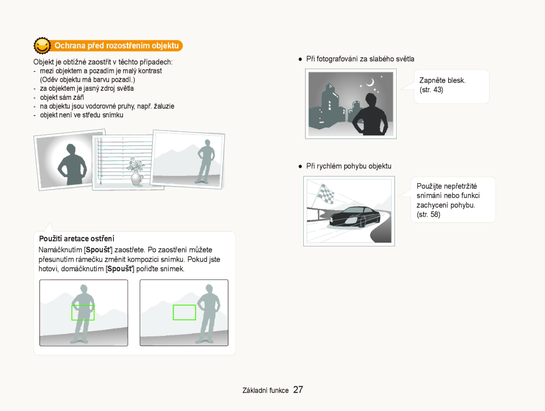 Samsung EC-ST500ZBPSAU manual Ochrana před rozostřením objektu, Objekt je obtížné zaostřit v těchto případech, Str 