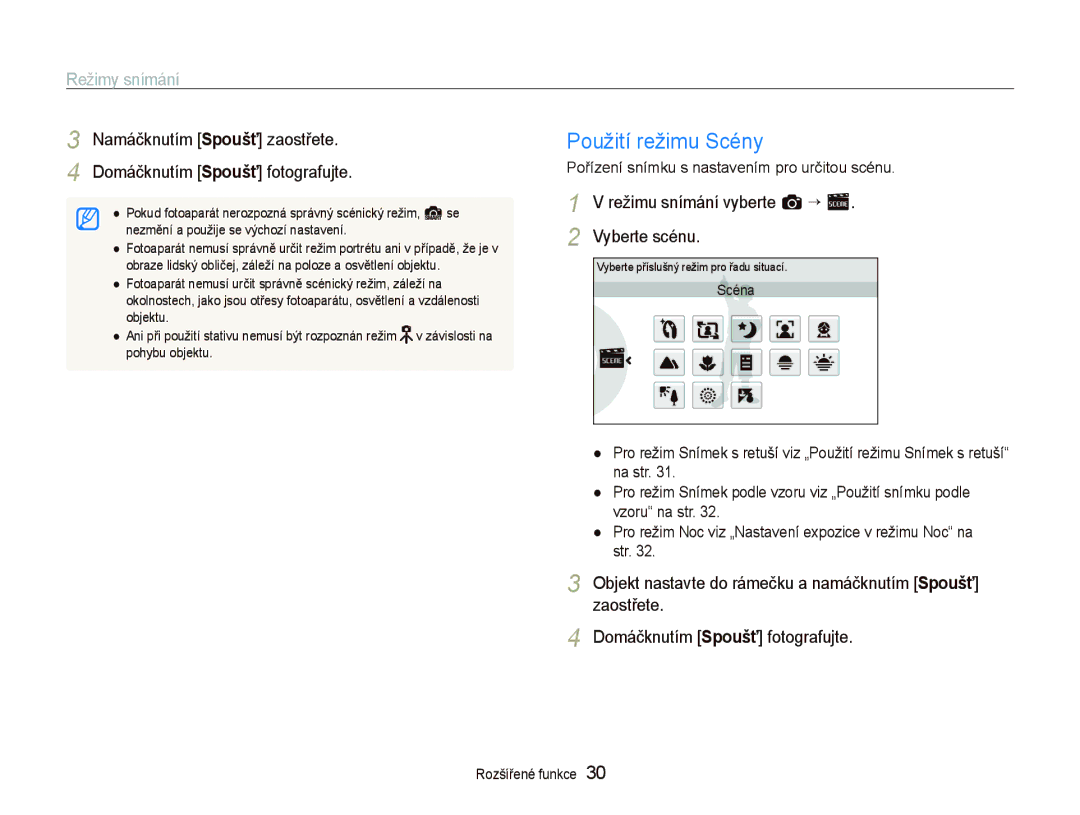 Samsung EC-ST500ZBPSE3, EC-ST500ZBPUAU Použití režimu Scény, Režimy snímání, Režimu snímání vyberte a ““s Vyberte scénu 