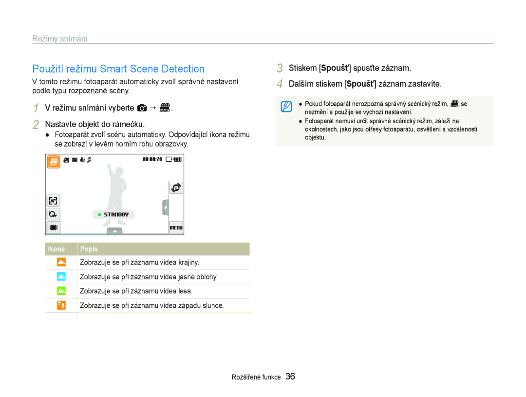 Samsung EC-ST500ZBPSAU manual Použití režimu Smart Scene Detection, Režimu snímání vyberte a “ D Nastavte objekt do rámečku 