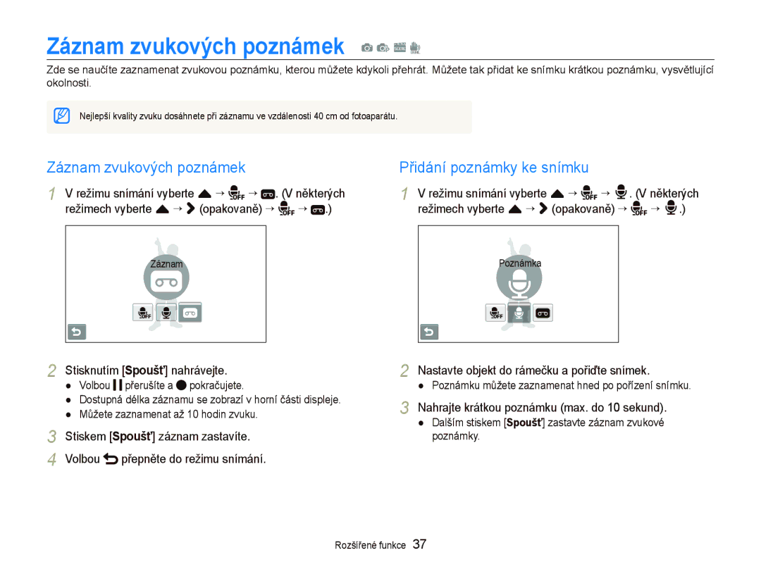 Samsung EC-ST500ZBPRAU, EC-ST500ZBPUAU, EC-ST500ZBPSAU manual Záznam zvukových poznámek a p s d, Přidání poznámky ke snímku 