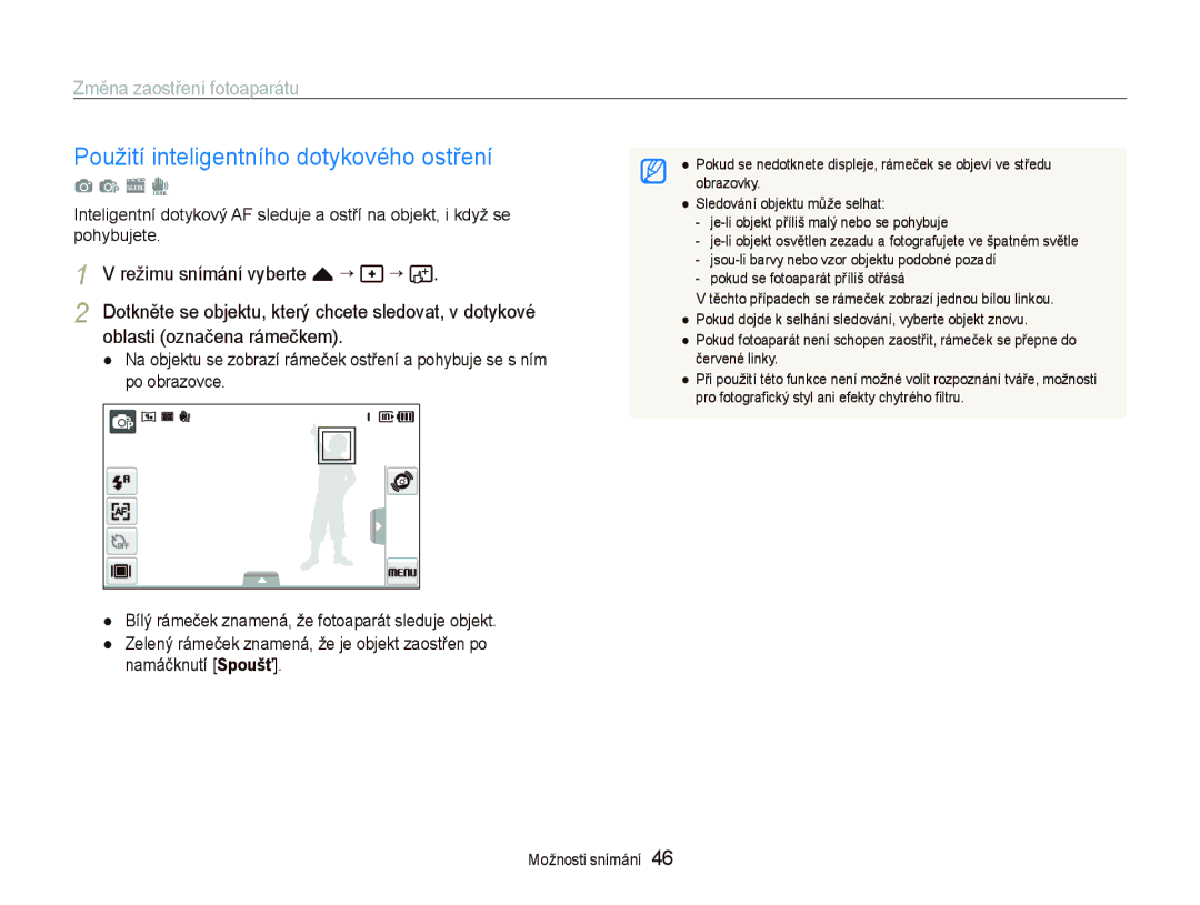 Samsung EC-ST500ZBPRAU Použití inteligentního dotykového ostření, Změna zaostření fotoaparátu, Režimu snímání vyberte f “ 