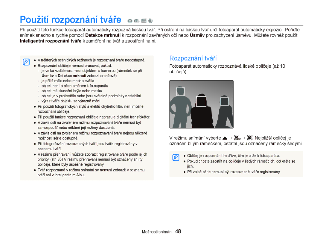 Samsung EC-ST500ZBPSE3, EC-ST500ZBPUAU, EC-ST500ZBPSAU, EC-ST500ZBPRAU Použití rozpoznání tváře a p s d, Rozpoznání tváří 