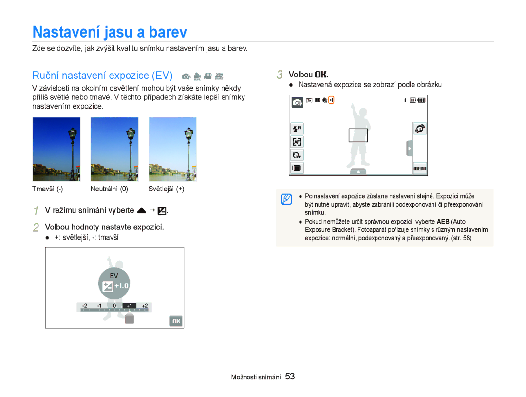 Samsung EC-ST500ZBPUAU manual Nastavení jasu a barev, Ruční nastavení expozice EV p d v D, Volbou hodnoty nastavte expozici 