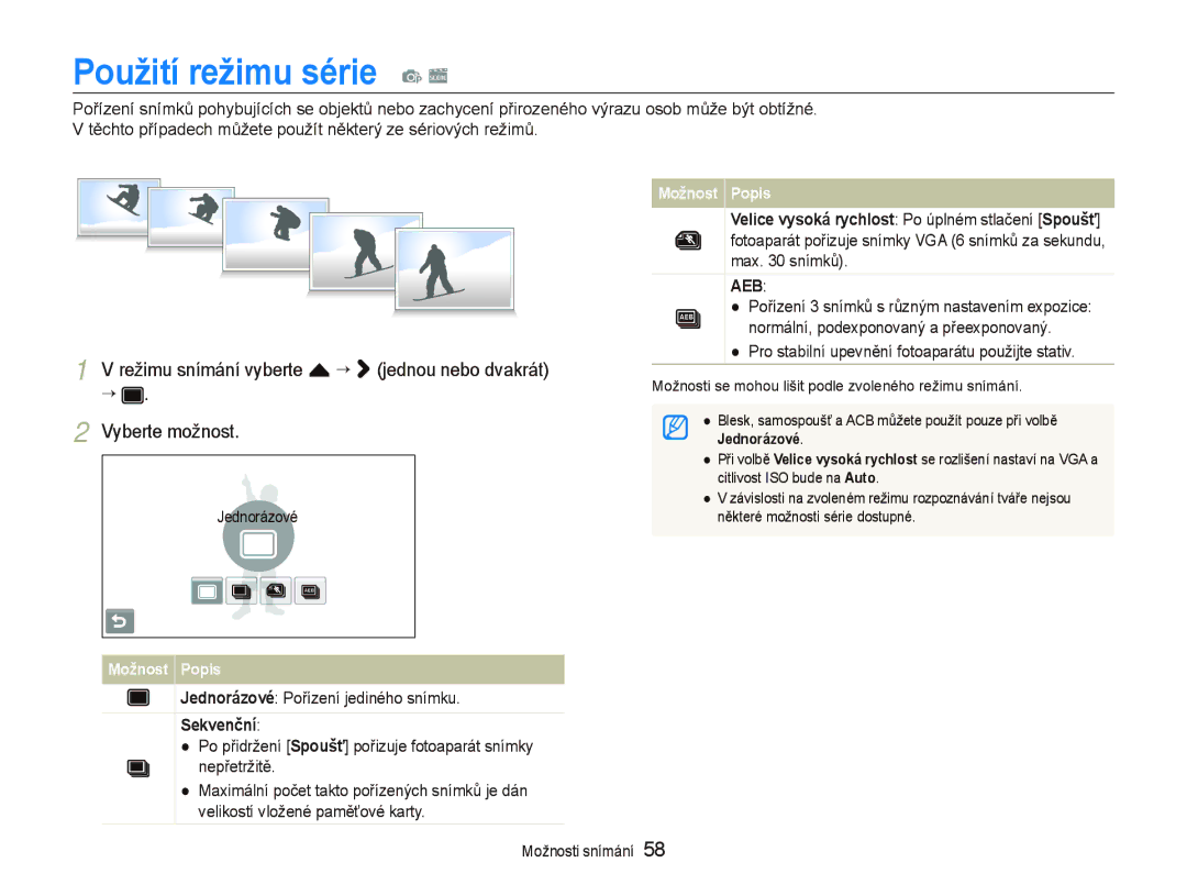 Samsung EC-ST500ZBPUE3, EC-ST500ZBPUAU manual Použití režimu série p s, Jednorázové Pořízení jediného snímku, Sekvenční 