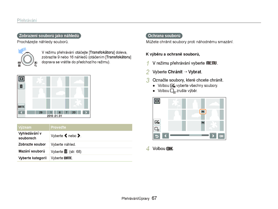 Samsung EC-ST500ZBPUE3 manual Režimu přehrávání vyberte M, Vyberte Chránit ““Vybrat, Označte soubory, které chcete chránit 