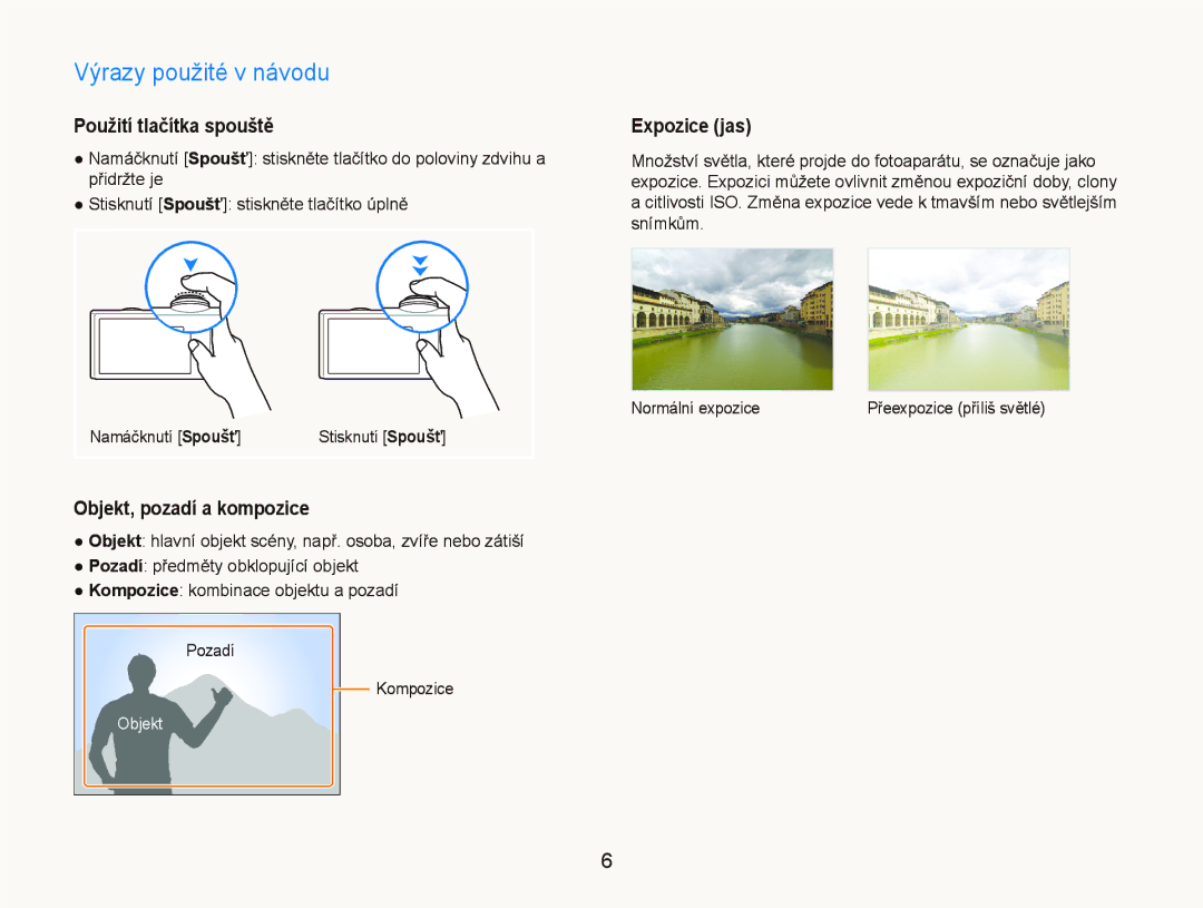 Samsung EC-ST5000BPAE3 manual Výrazy použité v návodu, Použití tlačítka spouště, Objekt, pozadí a kompozice, Expozice jas 