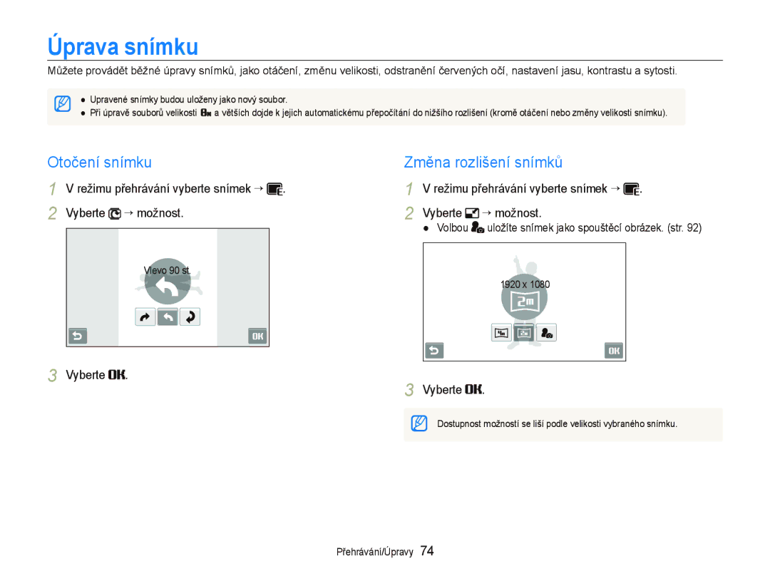 Samsung EC-ST500ZBPRE3, EC-ST500ZBPUAU, EC-ST500ZBPSAU manual Úprava snímku, Otočení snímku Změna rozlišení snímků, Volbou 