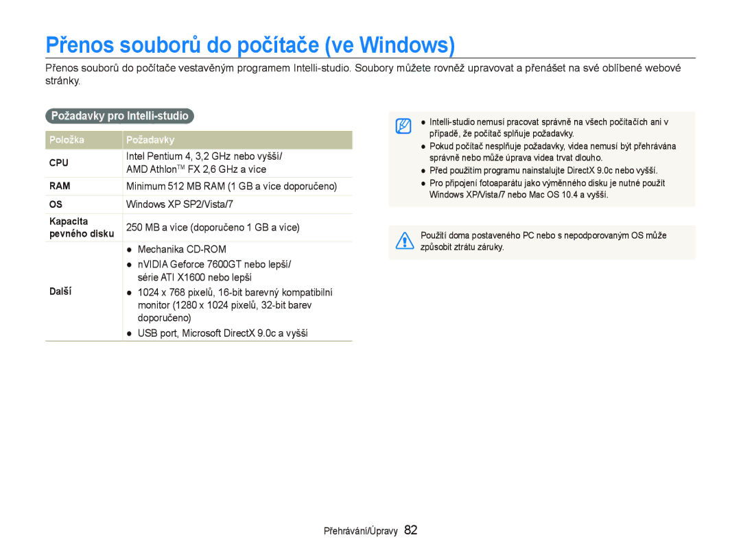 Samsung EC-ST500ZBPRAU, EC-ST500ZBPUAU, EC-ST500ZBPSAU Přenos souborů do počítače ve Windows, Požadavky pro Intelli-studio 