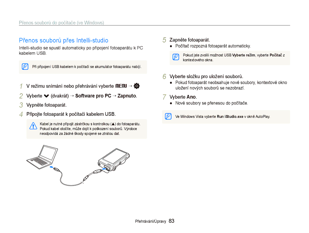 Samsung EC-ST500ZBPRE3, EC-ST500ZBPUAU manual Přenos souborů přes Intelli-studio, Přenos souborů do počítače ve Windows 