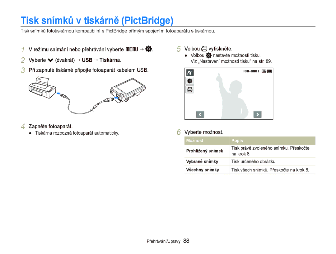 Samsung EC-ST5000BPOE3 manual Tisk snímků v tiskárně PictBridge, Tiskárna rozpozná fotoaparát automaticky, Na krok 