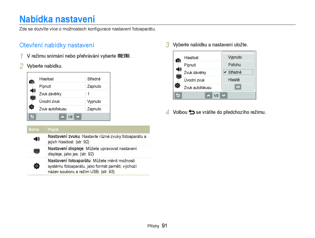 Samsung EC-ST500ZBPRAU, EC-ST500ZBPUAU Nabídka nastavení, Otevření nabídky nastavení, Vyberte nabídku a nastavení uložte 