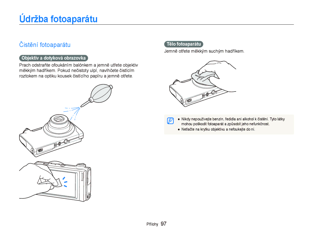 Samsung EC-ST5000BPOE3 manual Údržba fotoaparátu, Čistění fotoaparátu, Objektiv a dotyková obrazovka, Tělo fotoaparátu 