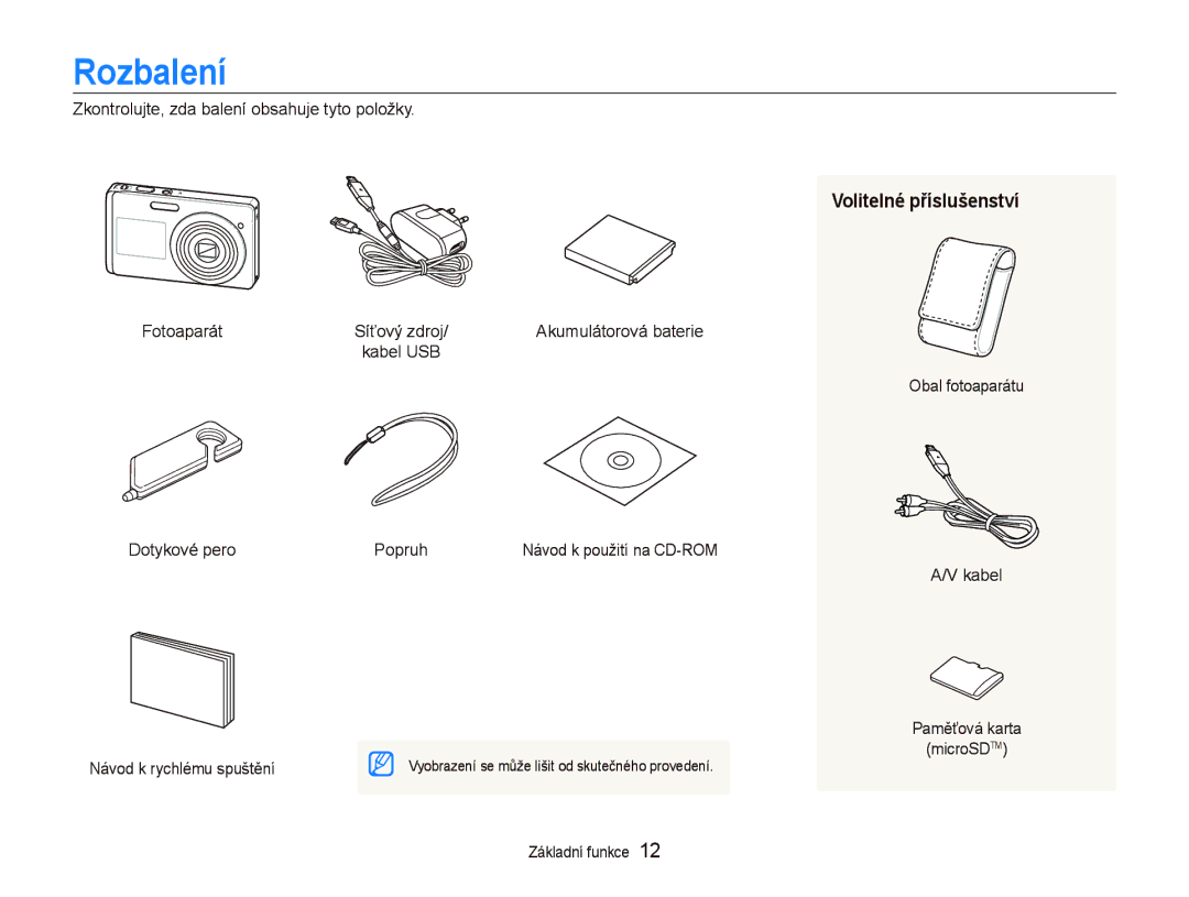 Samsung EC-ST500ZBPSAU manual Rozbalení, Zkontrolujte, zda balení obsahuje tyto položky Fotoaparát, Dotykové pero Popruh 