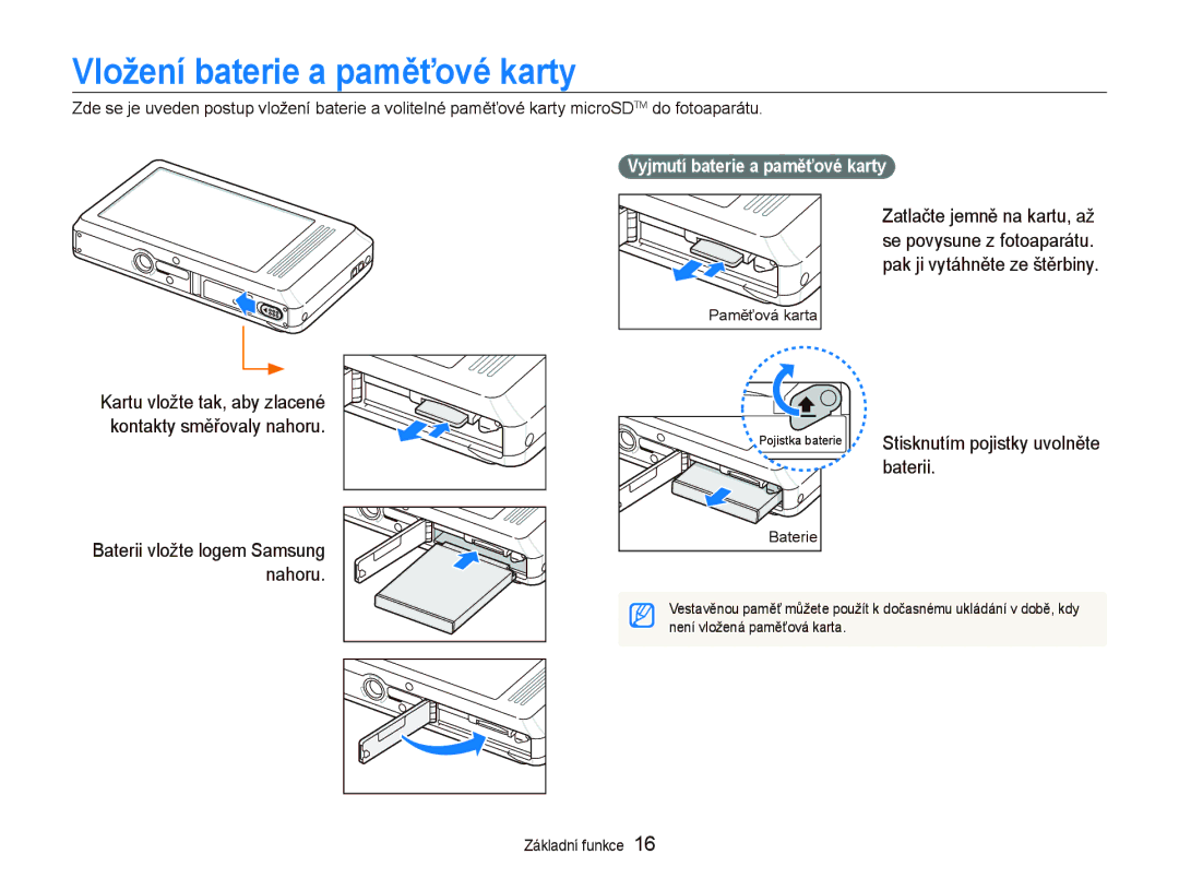 Samsung EC-ST500ZBPUE3, EC-ST500ZBPUAU manual Vložení baterie a paměťové karty, Baterii, Vyjmutí baterie a paměťové karty 