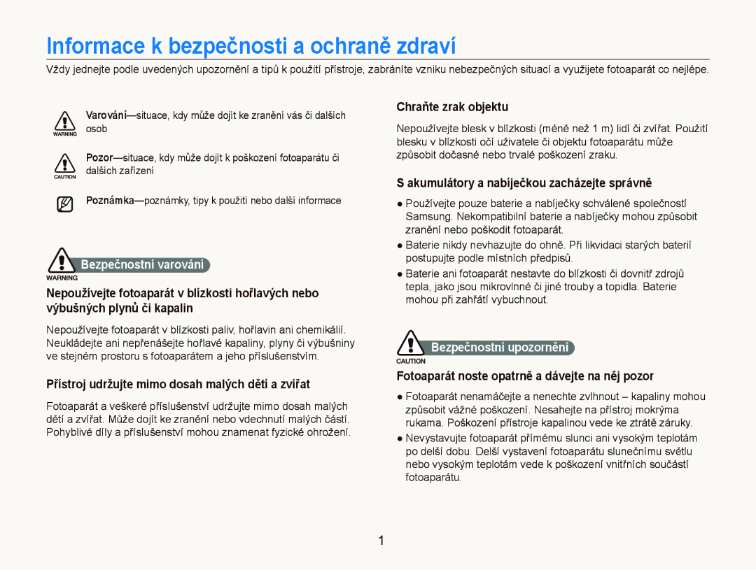 Samsung EC-ST500ZBPRAU manual Informace k bezpečnosti a ochraně zdraví, Přístroj udržujte mimo dosah malých dětí a zvířat 