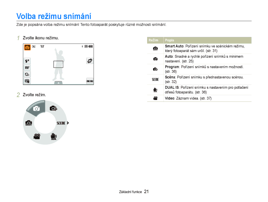 Samsung EC-ST500ZBPSE3, EC-ST500ZBPUAU, EC-ST500ZBPSAU manual Volba režimu snímání, Zvolte ikonu režimu Zvolte režim 