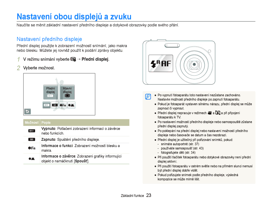 Samsung EC-ST500ZBPUAU manual Nastavení obou displejů a zvuku, Nastavení předního displeje, Režimu snímání vyberte 