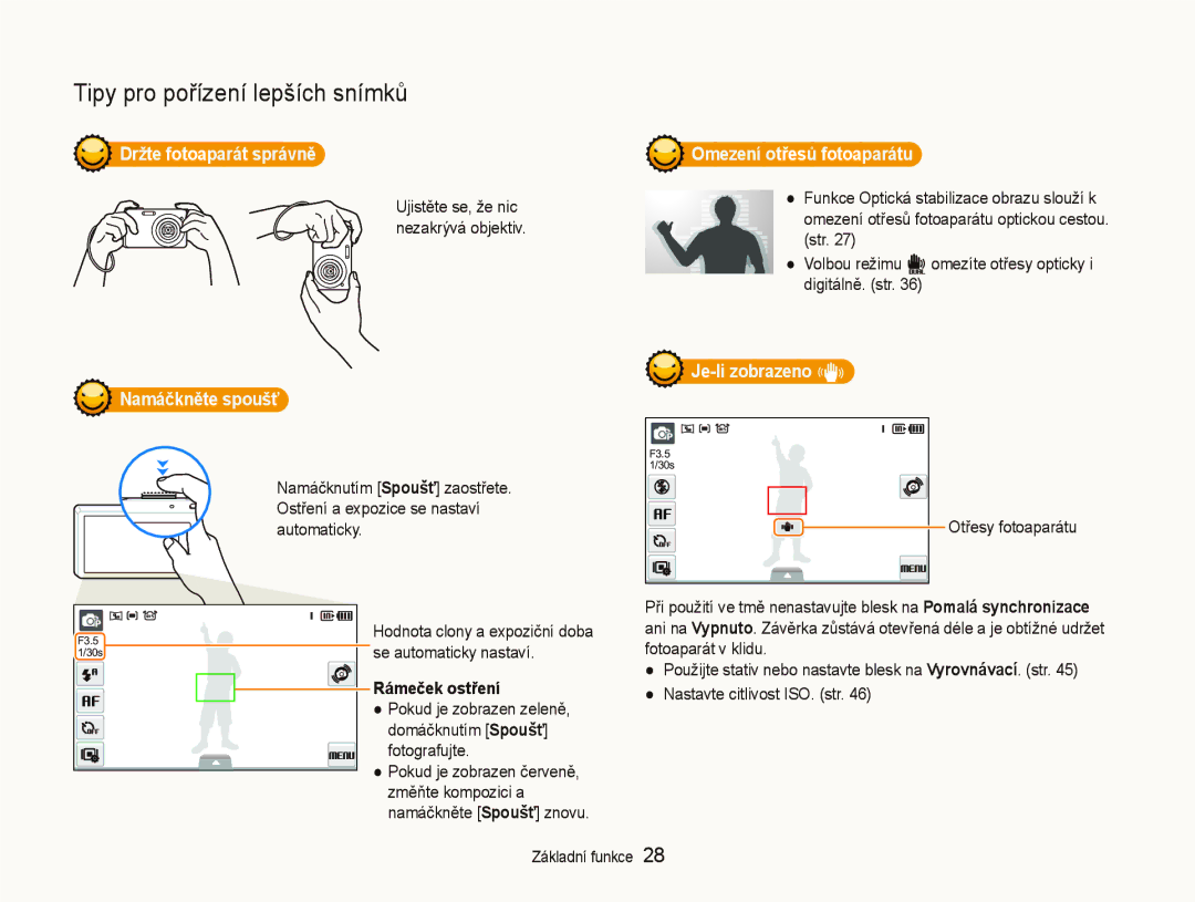 Samsung EC-ST500ZBPUE3 manual Držte fotoaparát správně, Namáčkněte spoušť, Rámeček ostření, Omezení otřesů fotoaparátu 